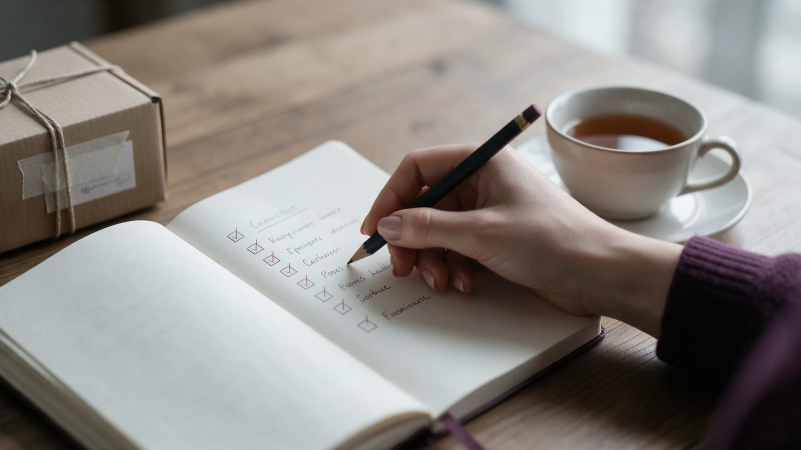 Hand vinkt een checklist af in een notitieboek naast een pakketje en thee