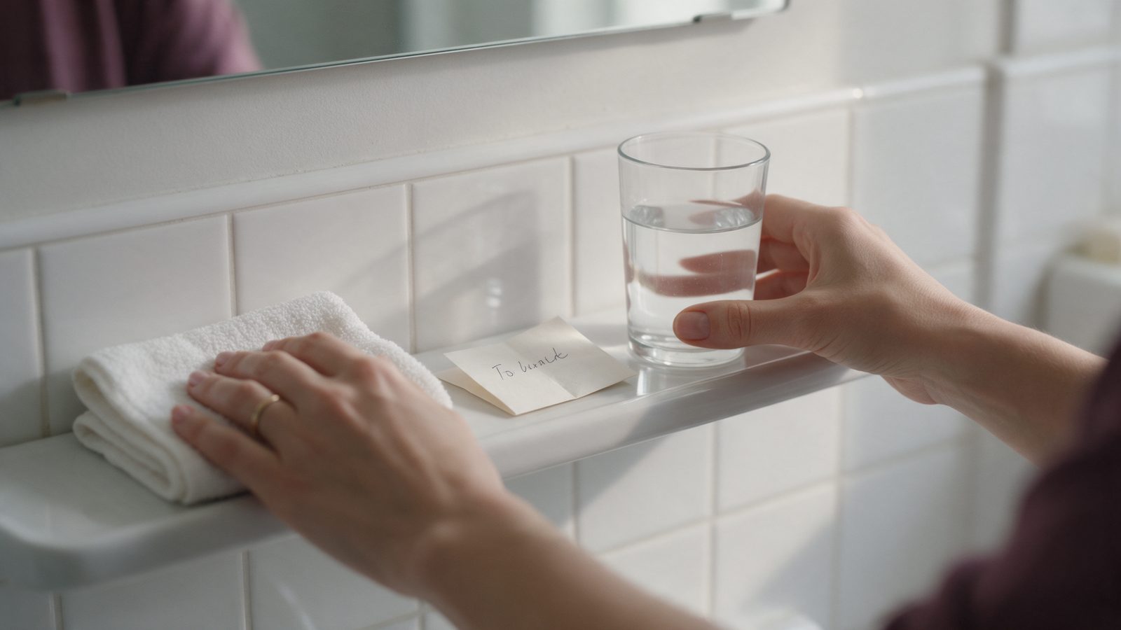 Handen leggen een handdoek, een briefje en een glas water klaar op een badkamerplank