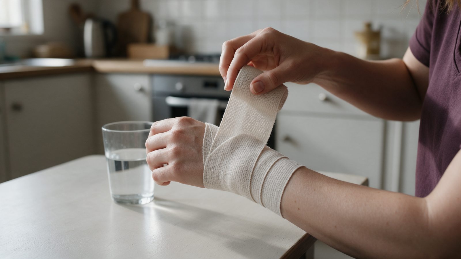 Handen wikkelen een steunverband om een pols aan de keukentafel